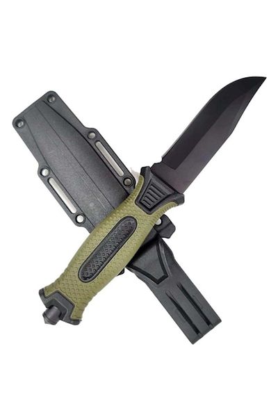dalimag Cuțit de vânătoare cu teacă pentru camping, lamă de oțel, mâner verde antiderapant, spargător de sticlă, 25 cm, Da