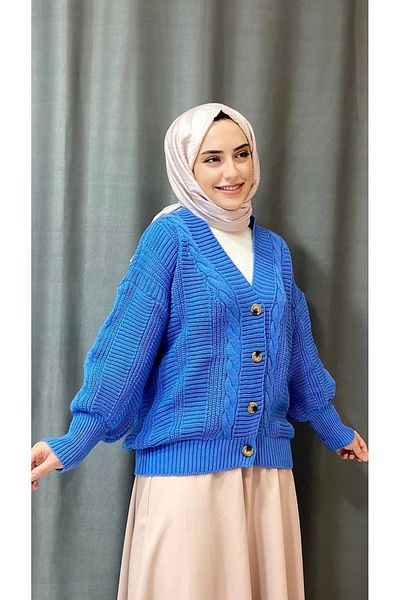 POİNE Hair Braided Balloon Sleeve Knitwear Winter Buttoned Women's Cardigan