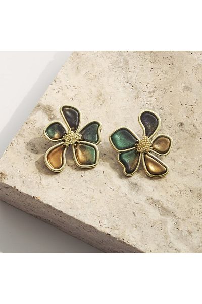 NARRU Handmade NARRU earrings, flower with metal edge, green, navy blue, copper and gold, Ava