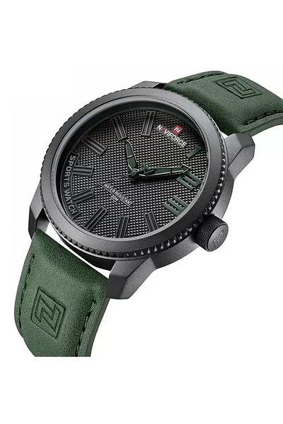 Naviforce Stylish Mens Sports Watch with Black Dial Green Leather Strap Quartz Movement Analog Display