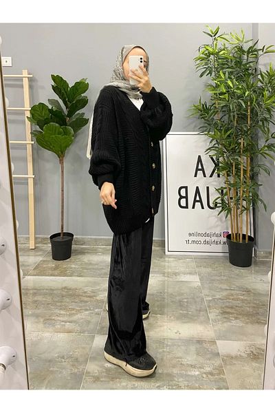 POİNE Hair Braided Balloon Sleeve Knitwear Winter Buttoned Women's Cardigan