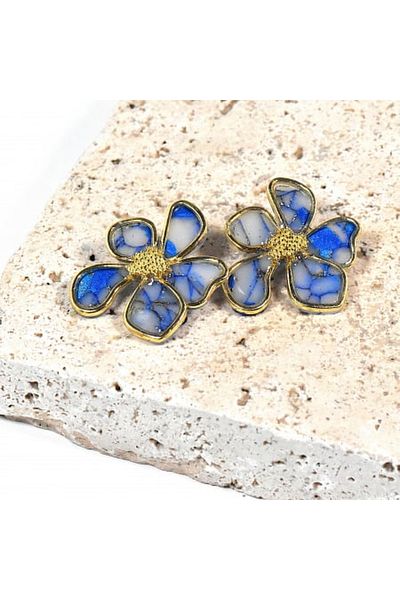 NARRU Handmade NARRU earrings, flower with metal edge, blue and gold, Ava