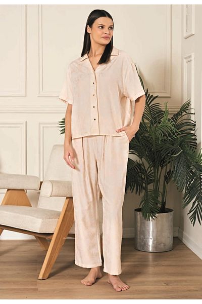 civetta Defnada Viscose Jacquard Front Button Beige Pajama Set