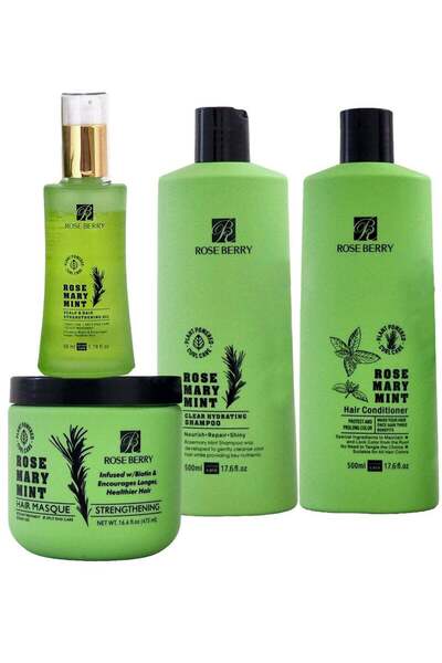 ROSE BERRYY مجموعة شامبو وبلسم وقناع وزيت إكليل الجبل والنعناع