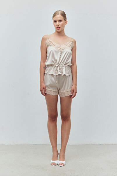 Bohai Design İpek Saten Bej Dantelli Düğme Detaylı Şortlu Bluz Alt-Üst Geceli...