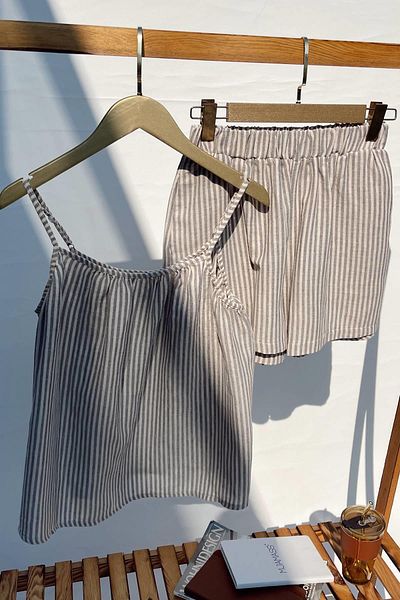 MJAMASS Gray Striped Linen Textured Shorts Set