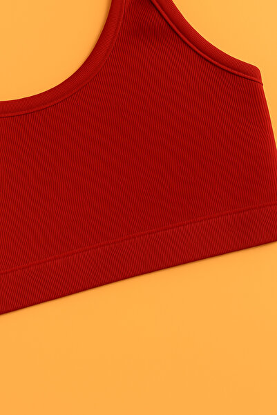 JENİKA Women's Burgundy Sports Bustier – Padded, Ribbed, Daily Comfort, Suitable for Sports and Daily Use