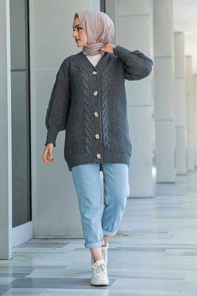 POİNE Hair Braided Balloon Sleeve Knitwear Winter Buttoned Women's Cardigan