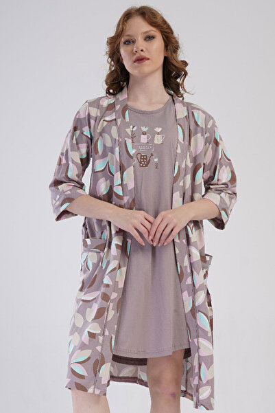 VİENETTA Βαμβακερό γυναικείο κοντομάνικο νυχτικό + 3/4 μανίκι πανωφόρι, 409135