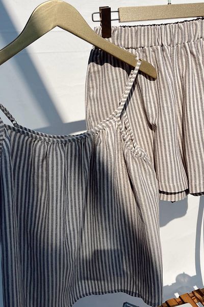 MJAMASS Gray Striped Linen Textured Shorts Set