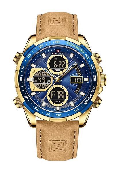 Naviforce Stylish Mens Dual Time Quartz Watch with Blue Dial Gold Case Leather Strap Analog Digital Display