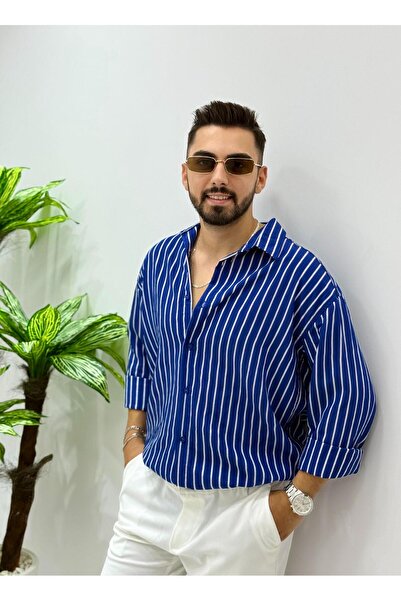 HA-KA GİYİM قميص رجالي مخطط كبير الحجم من الكتان الزيتوني