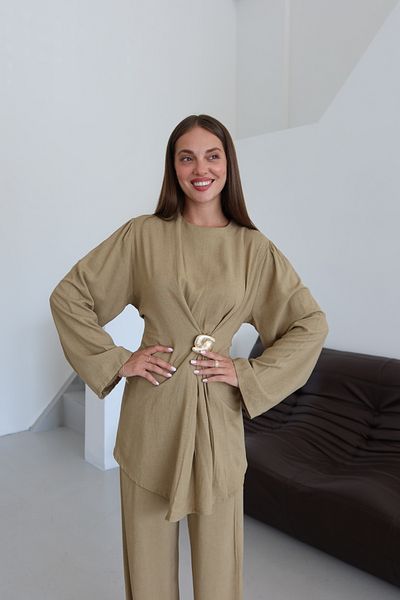 Laluvia Khaki Gold Brooch Blouse Pants Set - 8759