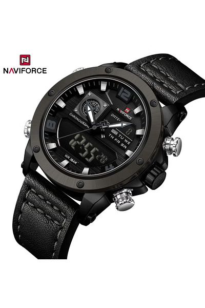 Naviforce Men's Dual Time Chronograph Sports Watch – 46mm Black Dial, Leather Strap, 30M Water Resistant