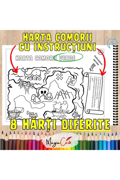 Magia Cartii Carte de colorat pentru copii, Vacanta de desenat Aventuri Harta comorii piratilor, A4, Opin Puk