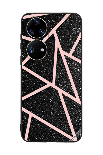 Covernex غطاء حماية لهاتف هواوي بي 50 - أسود لامع، بنقشة مسارات وردية فاتحة