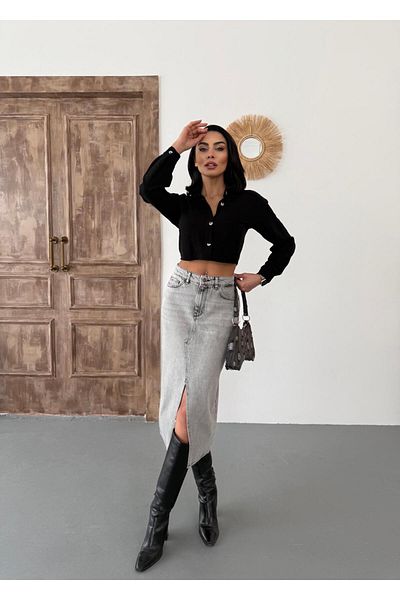 Zeo Basic Women's Midi Length Gray Denim Skirt with Front Slit