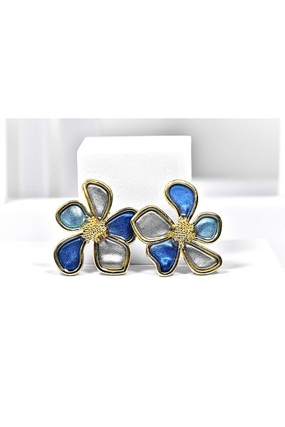 NARRU Handmade NARRU earrings, flower with metal edge, blue, teal and gold, Ava