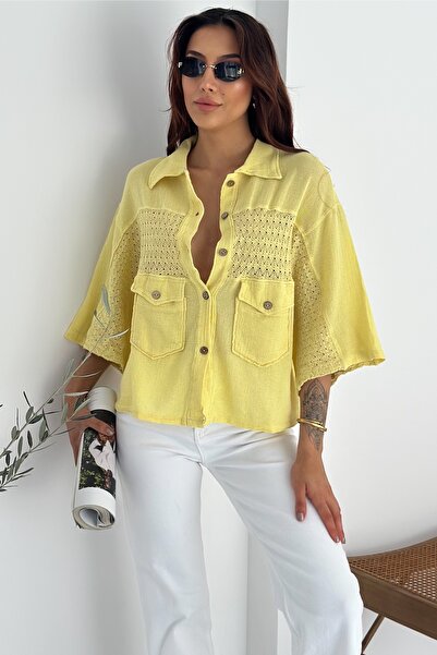 FEMELLE Women's Yellow Standard Size Bat Sleeve Mesh Lace Detailed Poncho Shirt
