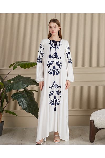 EL jadida Women's Embroidered Plus Size Long Viscose Dress White