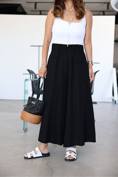 Özge Özgenç Wide Leg Linen Trousers with Elastic Waist