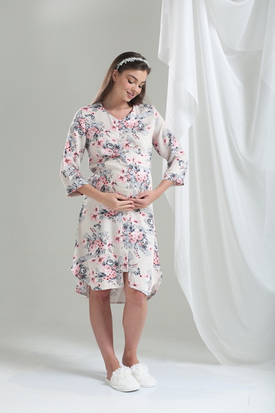 Lohussa Νυχτικό εγκυμοσύνης με μπεζ μοτίβο με κουμπιά ειδικής σχεδίασης υφαντό 100% βαμβάκι