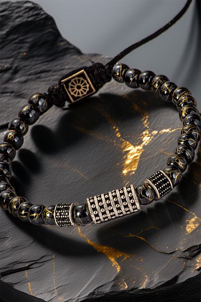 OSMANLI GÜMÜŞ Black Vein Stone Men's Bracelet with Oxide Detail – Adjustable Macrame with Cylindrical Figures