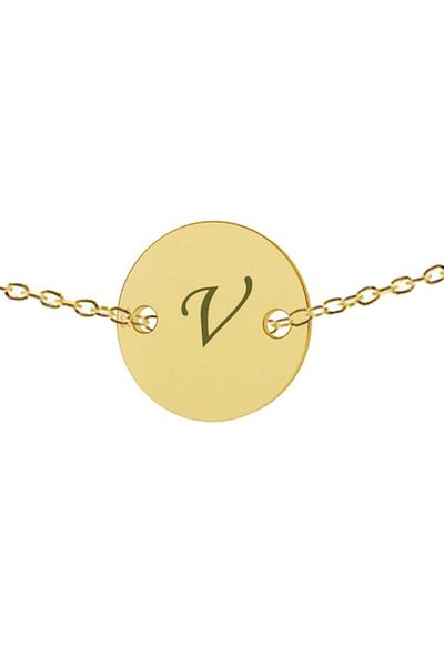 dalimag Colier din argint 925, placat cu aur de 24k, 50 cm, disc gravat cu litera V