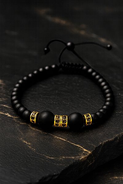 OSMANLI GÜMÜŞ Black Matte Stone Men's Bracelet with Gold Detail – Adjustable Stylish Model