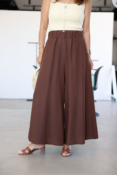 Özge Özgenç Wide Leg Linen Trousers with Elastic Waist