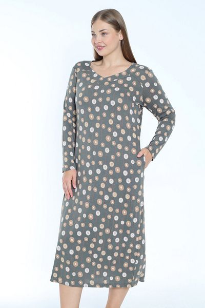 İntensive Patterned V Neck Plus Size Cotton Long Sleeve Dress with Pockets