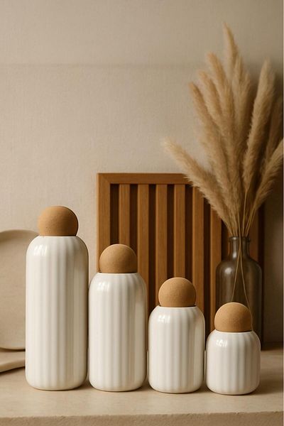 Sezka Life Set of 4 Striped Ceramic Jars with Ball Lid and Spice Jar Set