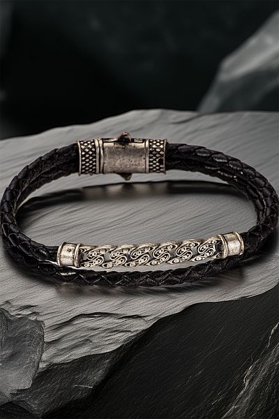 OSMANLI GÜMÜŞ Black Braided Leather Men's Bracelet – Antique Silver Motif Clip Design Stylish Model
