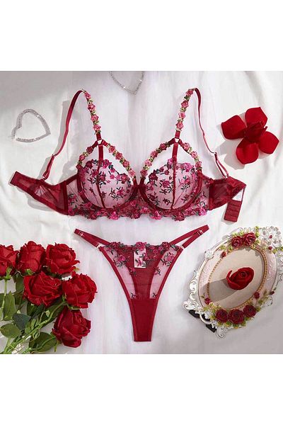 Eros Zone Premium Sexy 2 Piece Lingerie Rosalia Red: Bra and Thong with Floral Embroidery, Size S, Burgundy Red