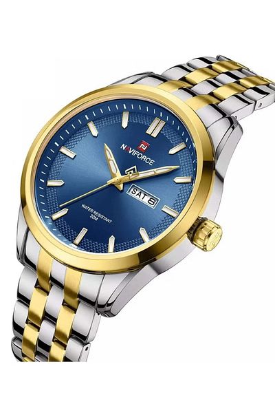 Naviforce Men's Stylish Quartz Watch – 44mm Blue Dial, Two-Tone Stainless Steel Strap,30M Water Resistant