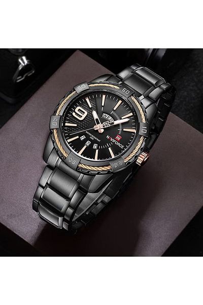 Naviforce Men's Stylish Quartz Watch – 45mm Black Dial, Stainless Steel Strap, 30M Water Resistant