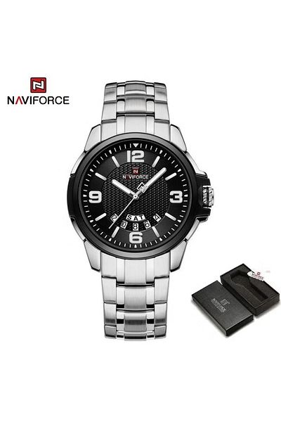 Naviforce Men's Black Dial Stainless Steel Watch – 41mm Analog Quartz, Day & Date Display, Waterproof