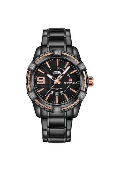 Naviforce Men's Stylish Quartz Watch – 45mm Black Dial, Stainless Steel Strap, 30M Water Resistant