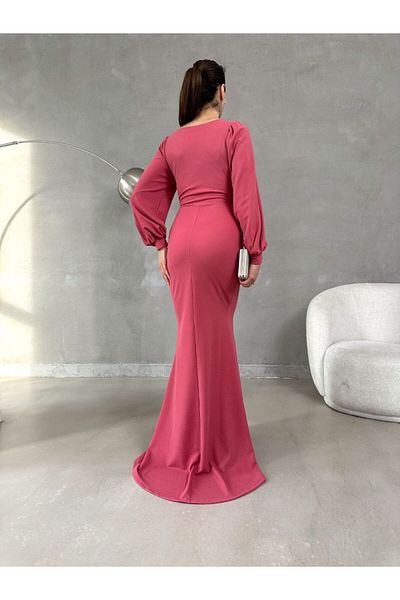 Trendusfashion Ροζ μακρύ βραδινό φόρεμα - μπαλόνι μανίκια