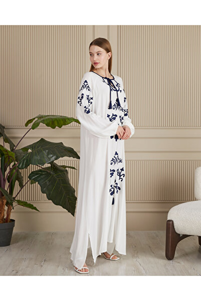 EL jadida Γυναικείο Κεντημένο Μακρύ Φόρεμα Βισκόζης Plus Size Λευκό