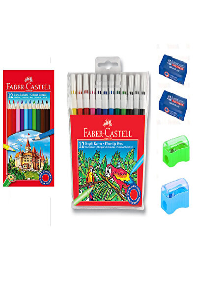 Faber Castel 12 قطعة طلاء جاف + 12 قطعة قلم شعر فابر كاستل + ممحاة ومبراة / 2...