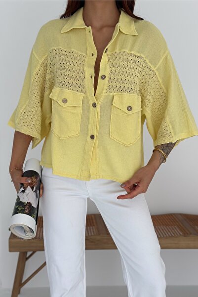 FEMELLE Women's Yellow Standard Size Bat Sleeve Mesh Lace Detailed Poncho Shirt