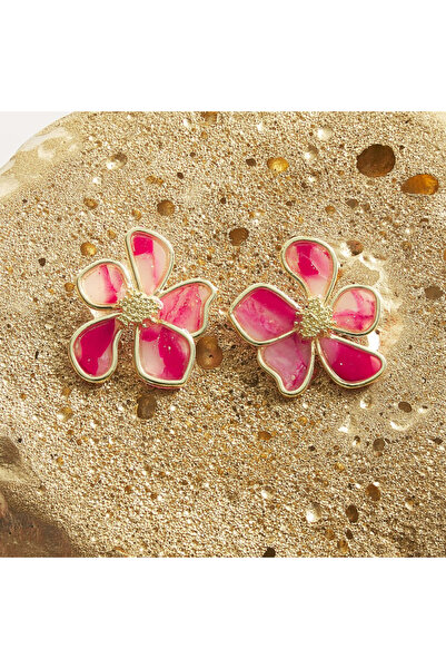 NARRU Cercei NARRU lucrati manual, floare cu margine metalica, roz, translucid si auriu, Ava