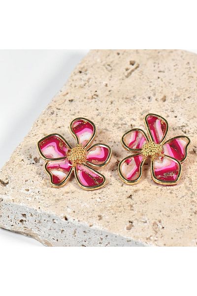 NARRU Handmade NARRU earrings, flower with metal edge, pink, white and gold, Ava