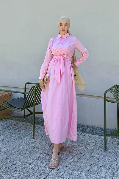 Tesettür Diyarı Women's Shirt Collar Tie Detailed Dress