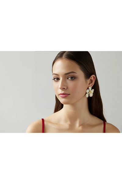 NARRU Handmade NARRU earrings, flower with metal edge, cream, white and gold, Ava