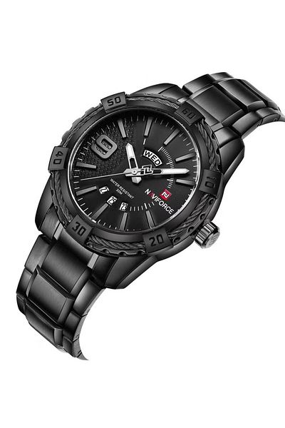 Naviforce Stylish Mens Quartz Watch with Black Dial Stainless Steel Strap Analog Display Water Resistant