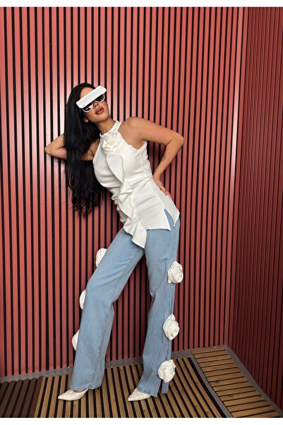 1Moda1Tarz Top Imported Lined Scuba Fabric Rose and Shawl Detail Blouse Bottom Imported Denim Side Rose Detail Special Design Suit