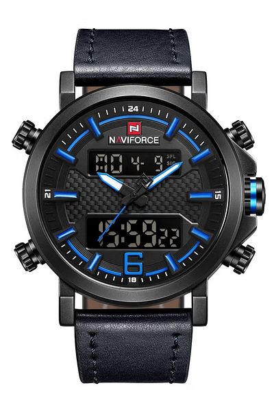 Naviforce Mens Black Dial Blue Leather Strap Watch Analog Digital Quartz Waterproof Chronograph