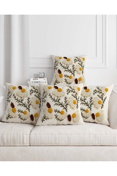 Şah Dekor Bohemian Boho Daisy Themed Cream Color 3D Digital Printed Gift Μαξιλαροθήκη Σετ 6 τεμαχίων BOHO